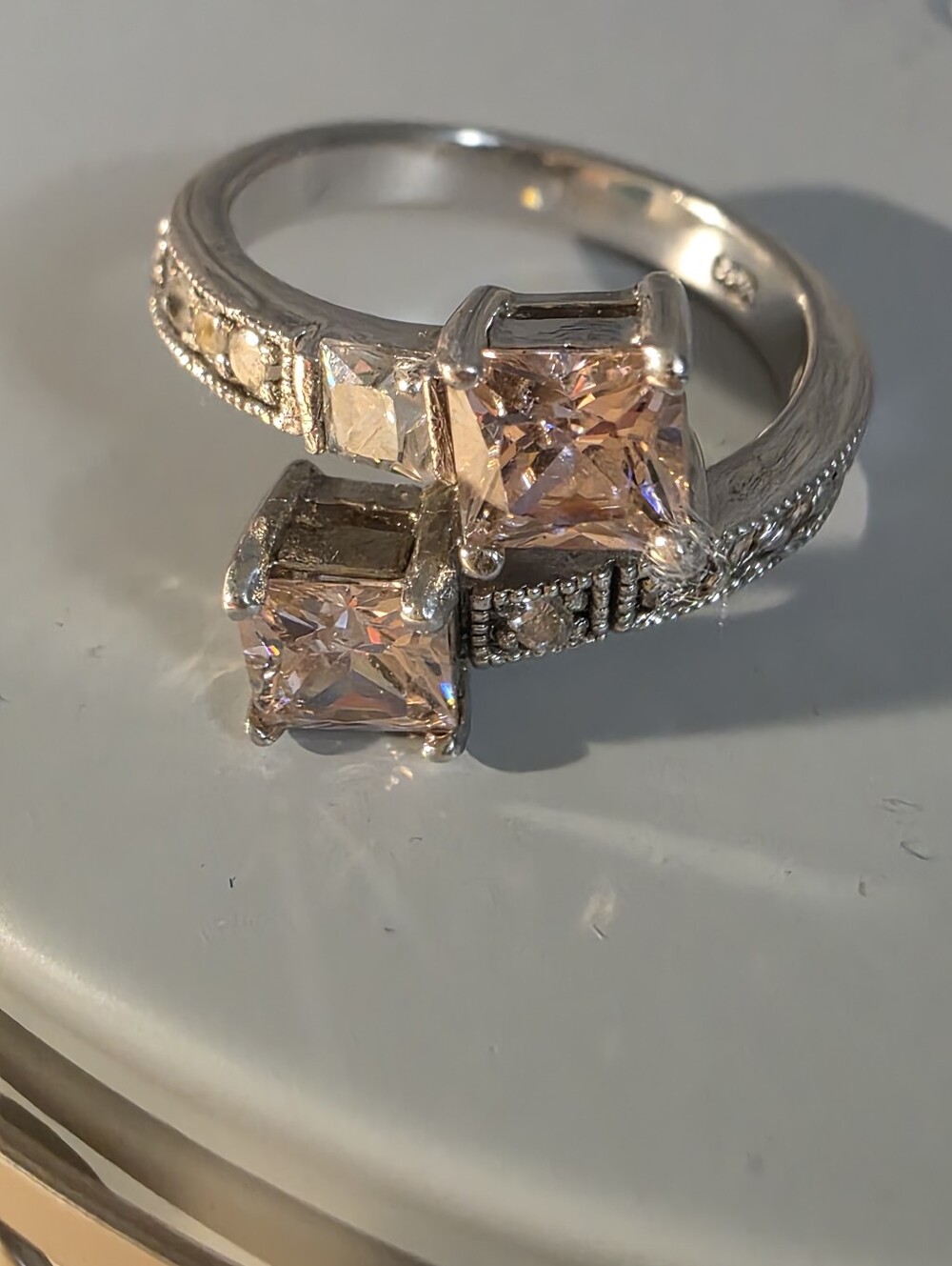 Sparkling Pink Square-Cut Double Stone Ring - Women Jewelry Size 6